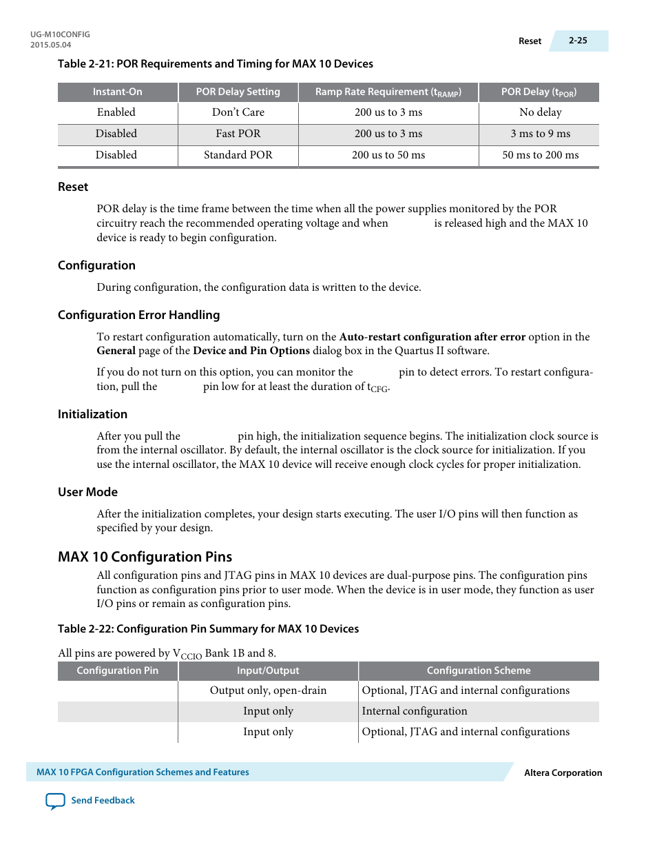 Reset, Configuration, Configuration error handling | Initialization, User mode, Max 10 configuration pins, Max 10 configuration pins -25 | Altera MAX 10 FPGA User Manual | Page 29 / 56