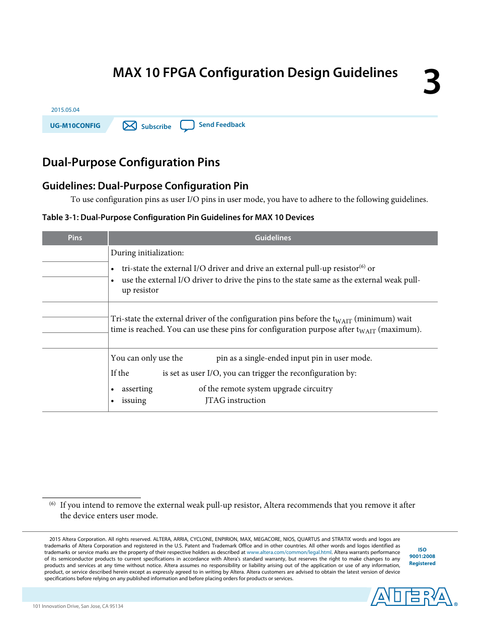 Max 10 fpga configuration design guidelines, Dual-purpose configuration pins, Guidelines: dual-purpose configuration pin | Max 10 fpga configuration design guidelines -1, Dual-purpose configuration pins -1, Guidelines: dual-purpose configuration pin -1 | Altera MAX 10 FPGA User Manual | Page 31 / 56