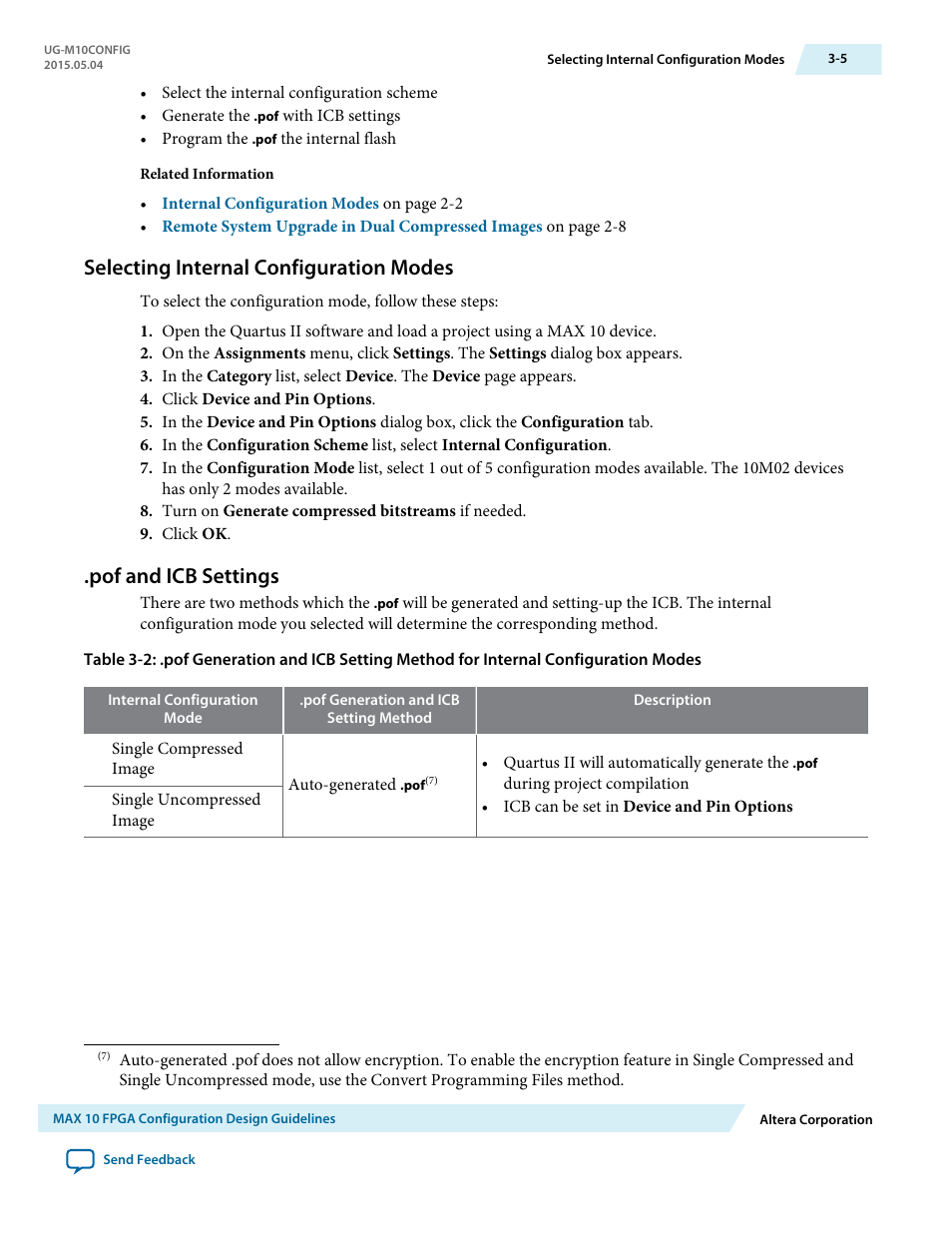 Selecting internal configuration modes, Pof and icb settings, Selecting internal configuration modes -5 | Pof and icb settings -5 | Altera MAX 10 FPGA User Manual | Page 35 / 56