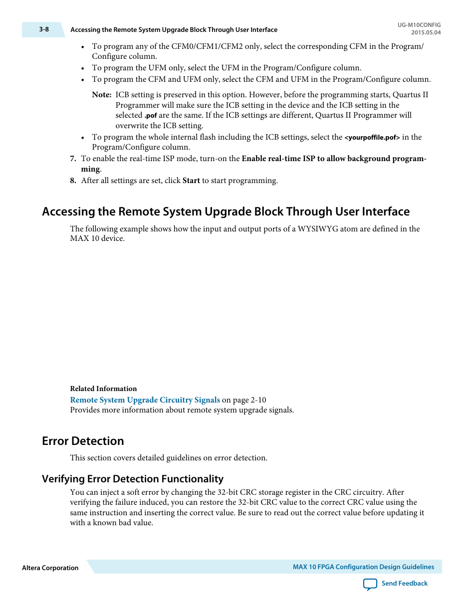 Error detection, Verifying error detection functionality, Error detection -8 | Verifying error detection functionality -8 | Altera MAX 10 FPGA User Manual | Page 38 / 56