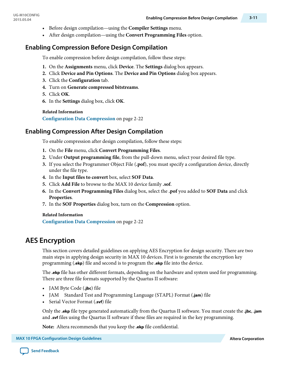 Enabling compression before design compilation, Enabling compression after design compilation, Aes encryption | Enabling compression before design compilation -11, Enabling compression after design compilation -11, Aes encryption -11 | Altera MAX 10 FPGA User Manual | Page 41 / 56