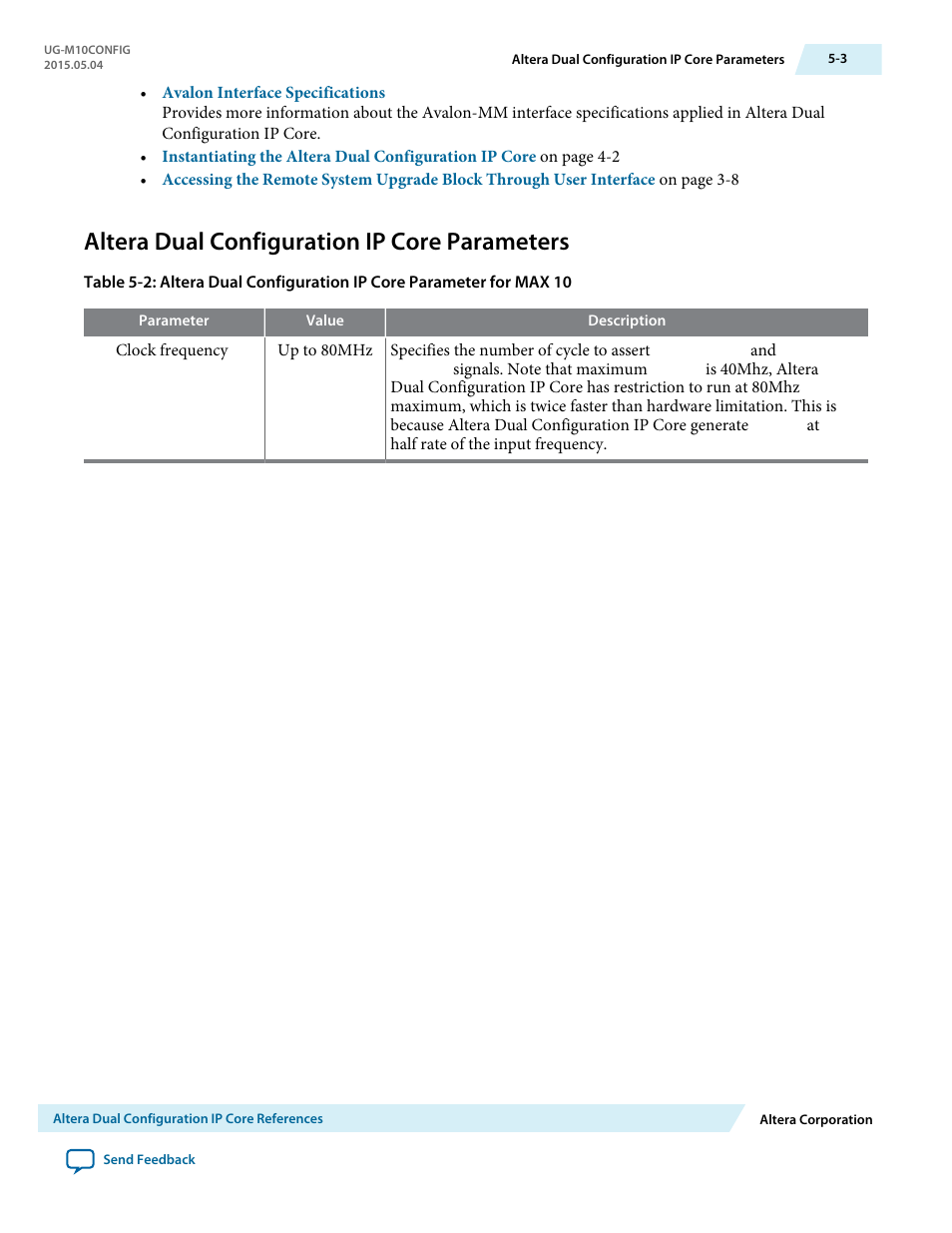 Altera dual configuration ip core parameters, Altera dual configuration ip core parameters -3 | Altera MAX 10 FPGA User Manual | Page 52 / 56