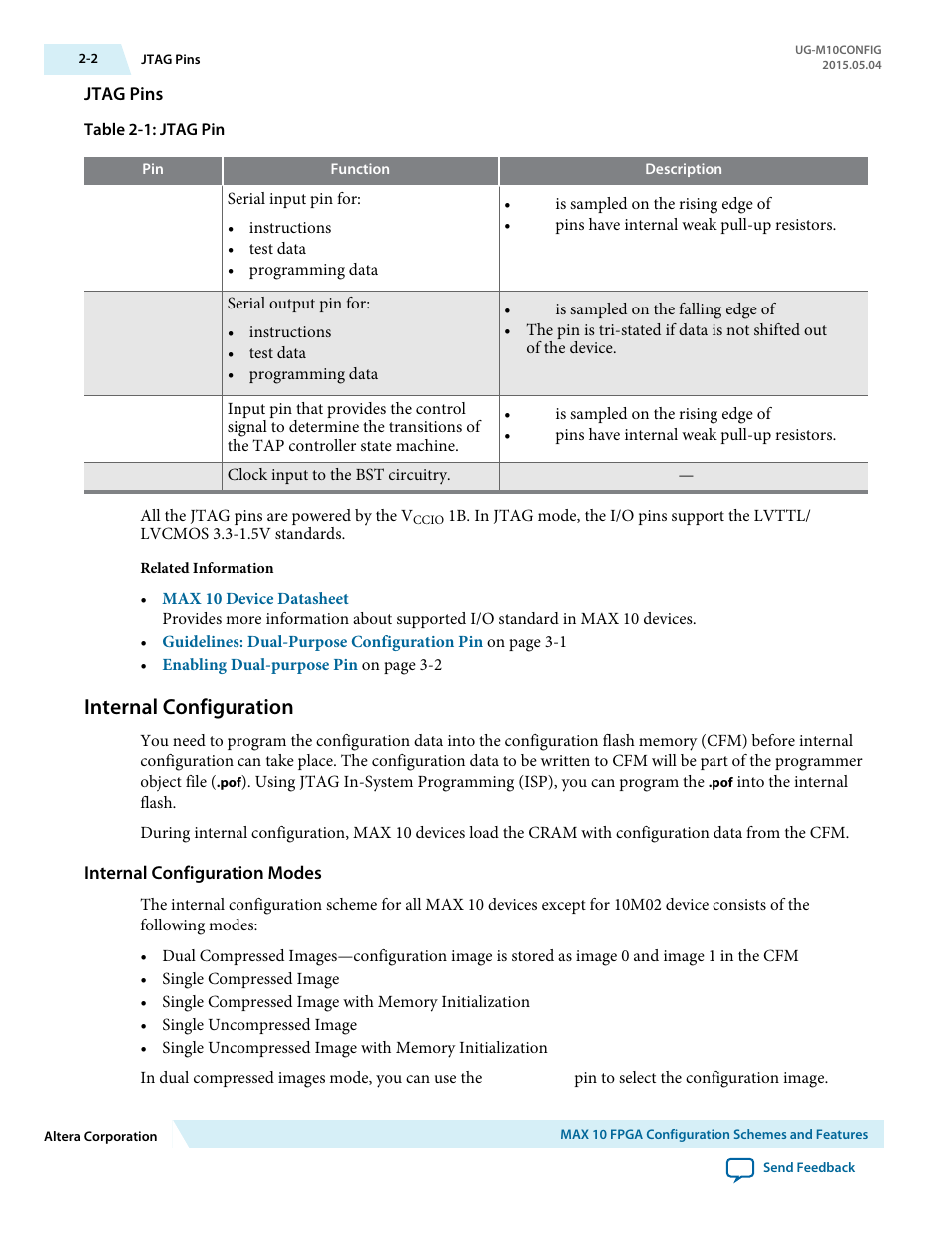 Jtag pins, Internal configuration, Internal configuration modes | Internal configuration -2 | Altera MAX 10 FPGA User Manual | Page 6 / 56