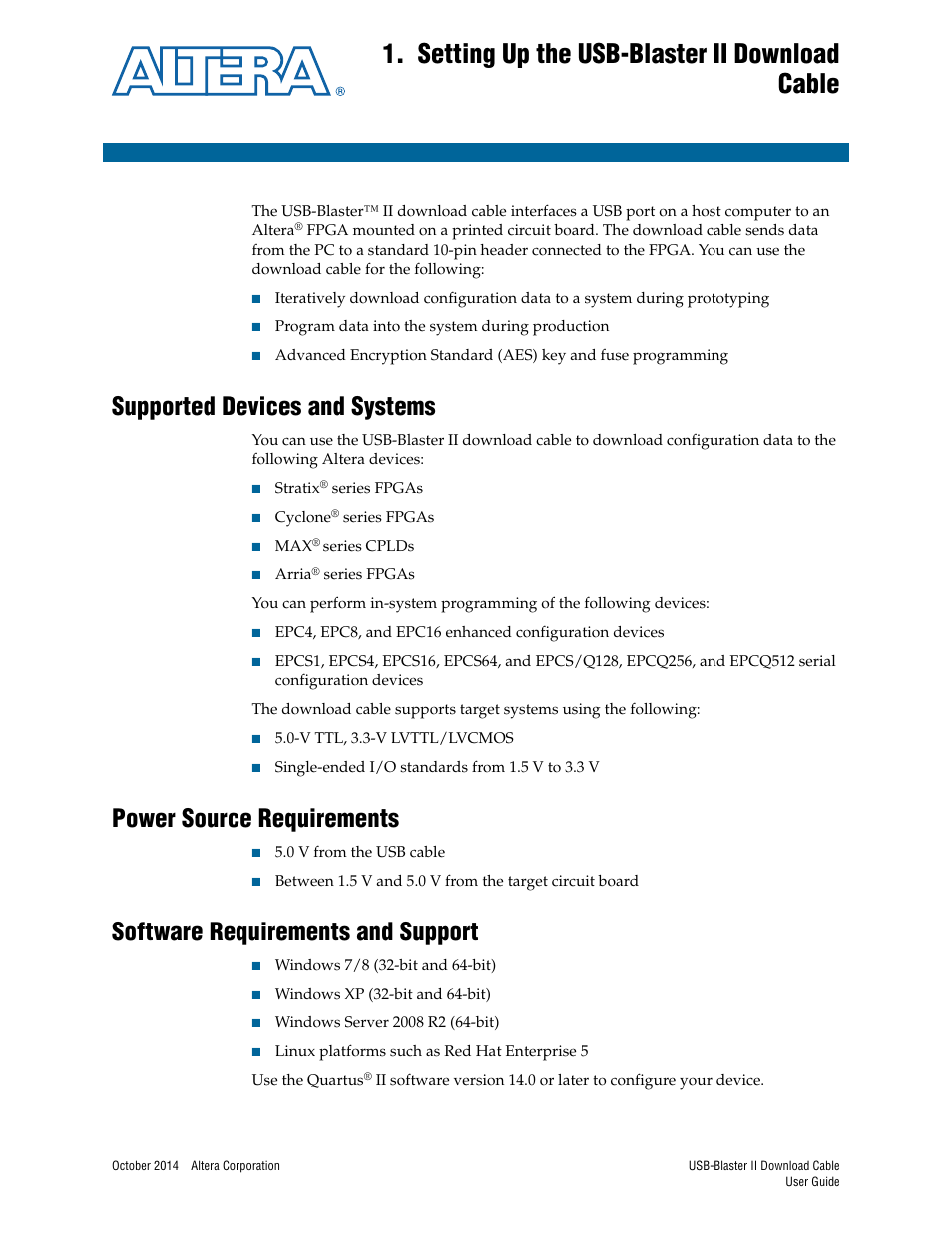 Setting up the usb-blaster ii download cable, Supported devices and systems, Power source requirements | Software requirements and support | Altera USB-Blaster II User Manual | Page 5 / 22