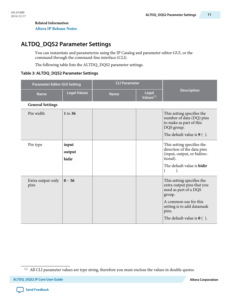 Altdq_dqs2 parameter settings | Altera ALTDQ_DQS2 User Manual | Page 11 / 100