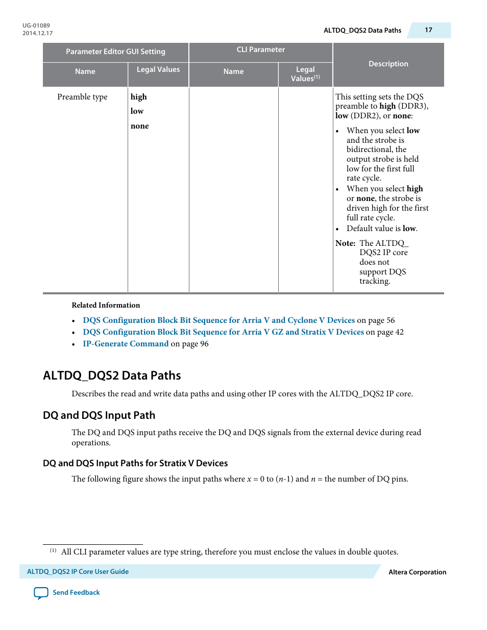 Altdq_dqs2 data paths, Dq and dqs input path, Dq and dqs input paths for stratix v devices | Altera ALTDQ_DQS2 User Manual | Page 17 / 100