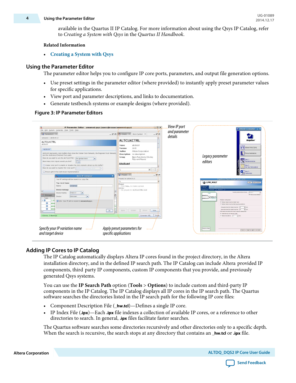 Using the parameter editor, Adding ip cores to ip catalog | Altera ALTDQ_DQS2 User Manual | Page 4 / 100
