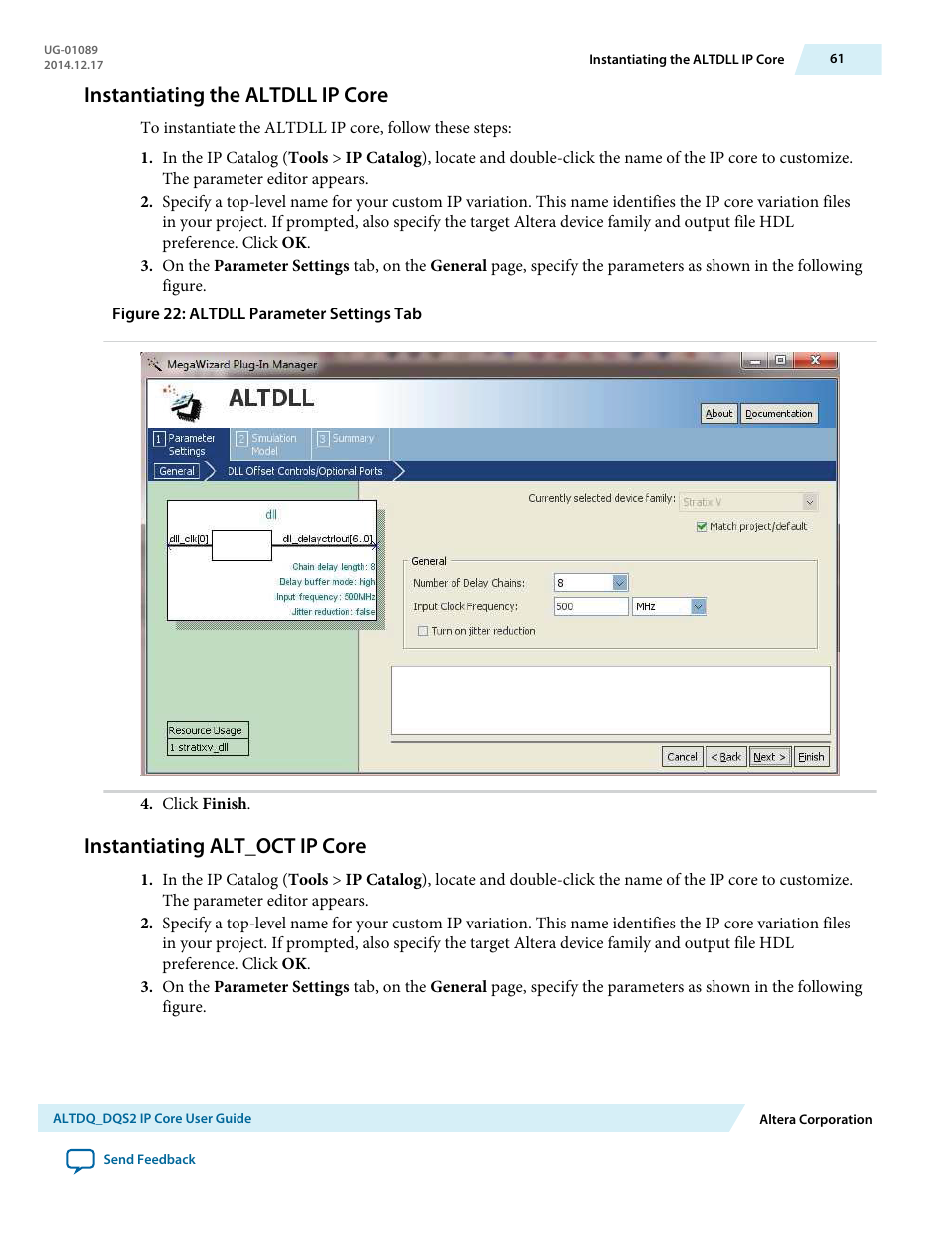 Instantiating the altdll ip core, Instantiating alt_oct ip core | Altera ALTDQ_DQS2 User Manual | Page 61 / 100