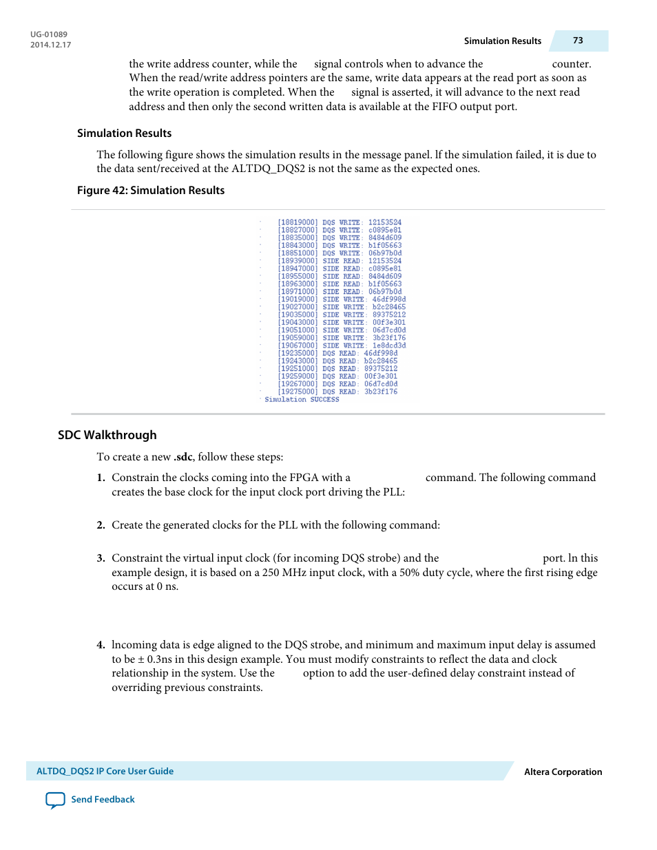 Simulation results, Sdc walkthrough | Altera ALTDQ_DQS2 User Manual | Page 73 / 100