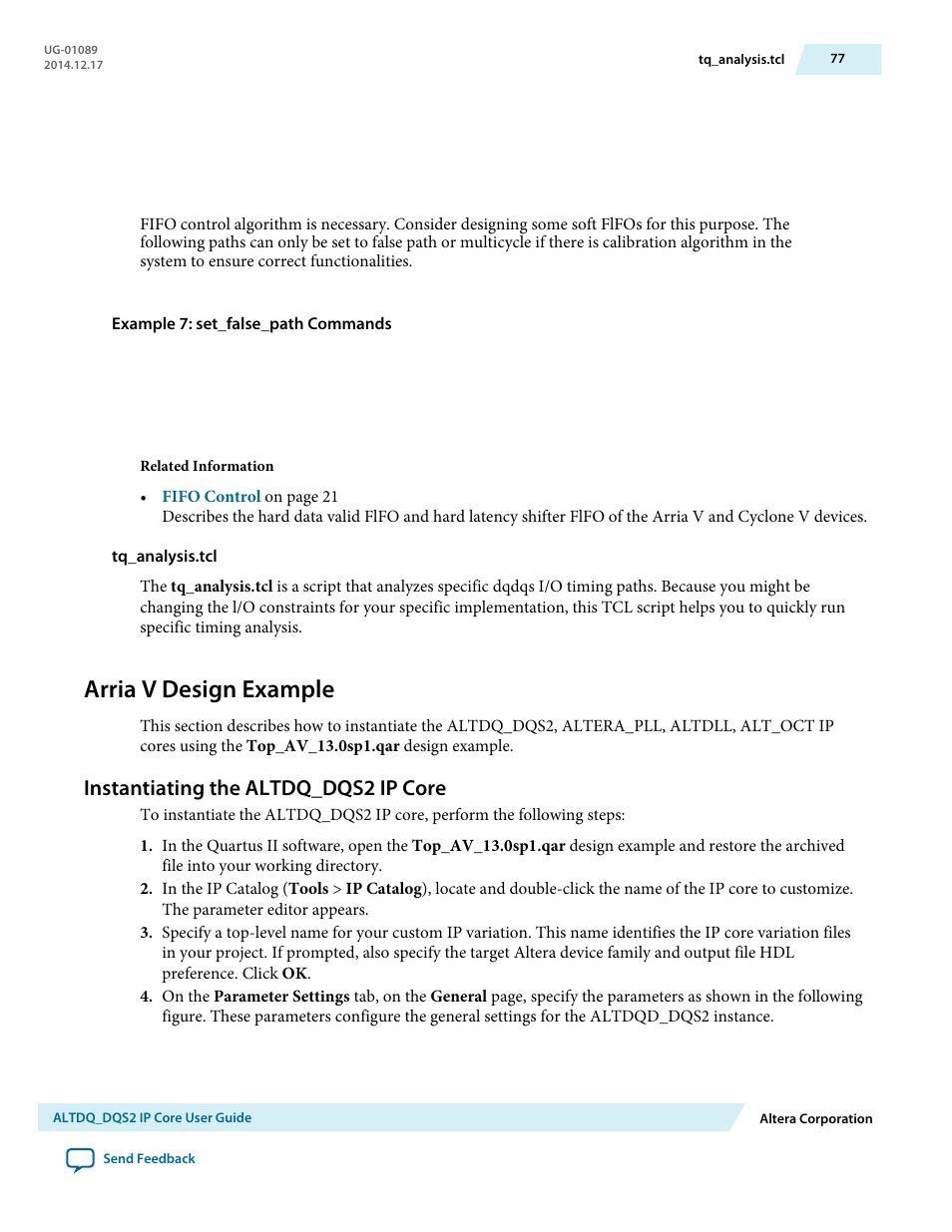 Tq_analysis.tcl, Arria v design example, Instantiating the altdq_dqs2 ip core | Altera ALTDQ_DQS2 User Manual | Page 77 / 100