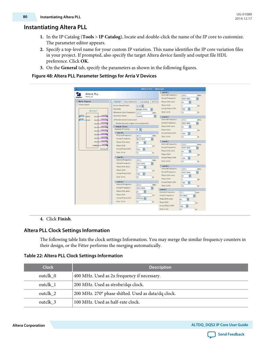Instantiating altera pll, Altera pll clock settings information | Altera ALTDQ_DQS2 User Manual | Page 80 / 100