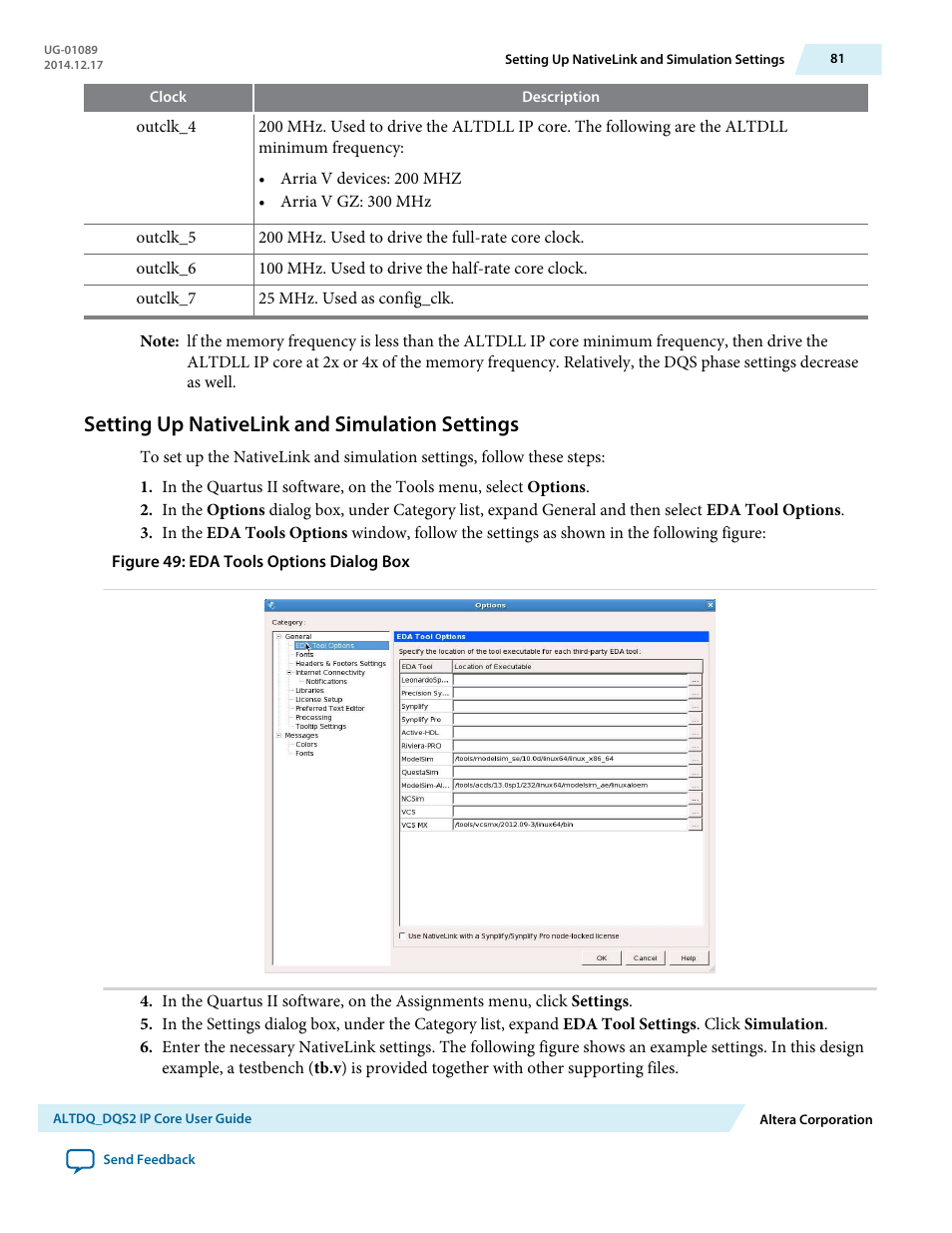 Setting up nativelink and simulation settings | Altera ALTDQ_DQS2 User Manual | Page 81 / 100