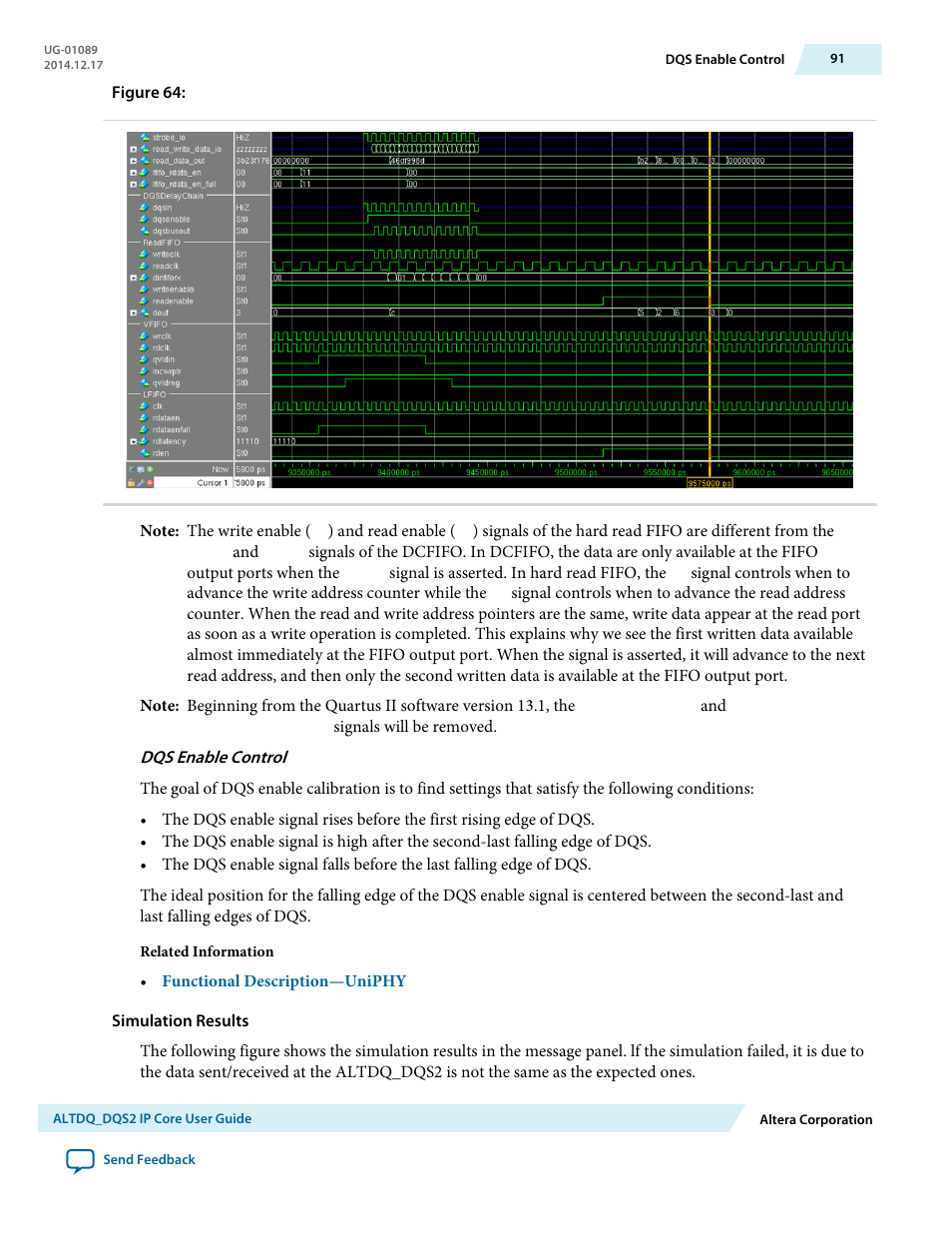 Dqs enable control, Simulation results | Altera ALTDQ_DQS2 User Manual | Page 91 / 100