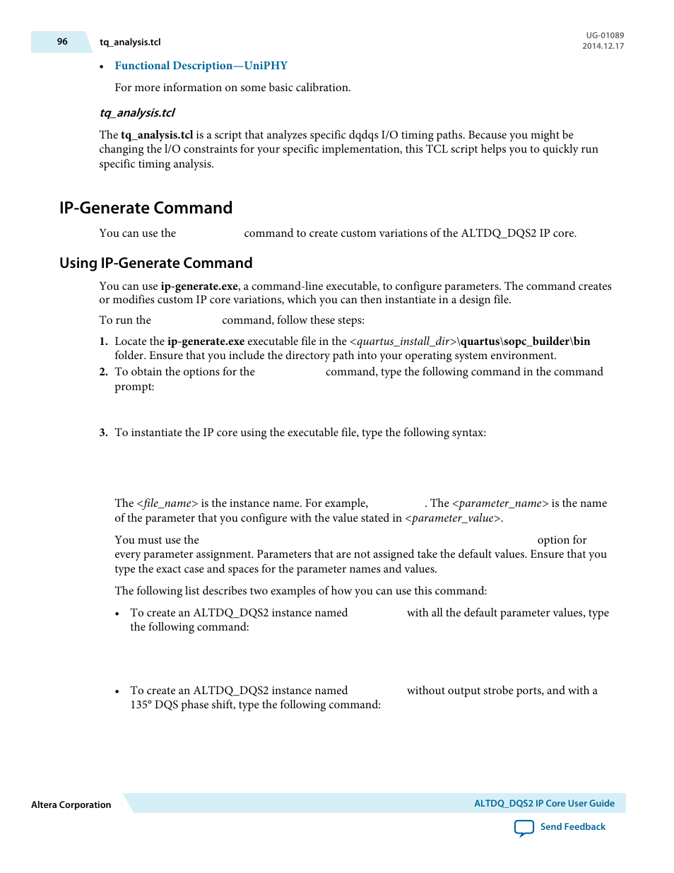 Tq_analysis.tcl, Ip-generate command, Using ip-generate command | Altera ALTDQ_DQS2 User Manual | Page 96 / 100