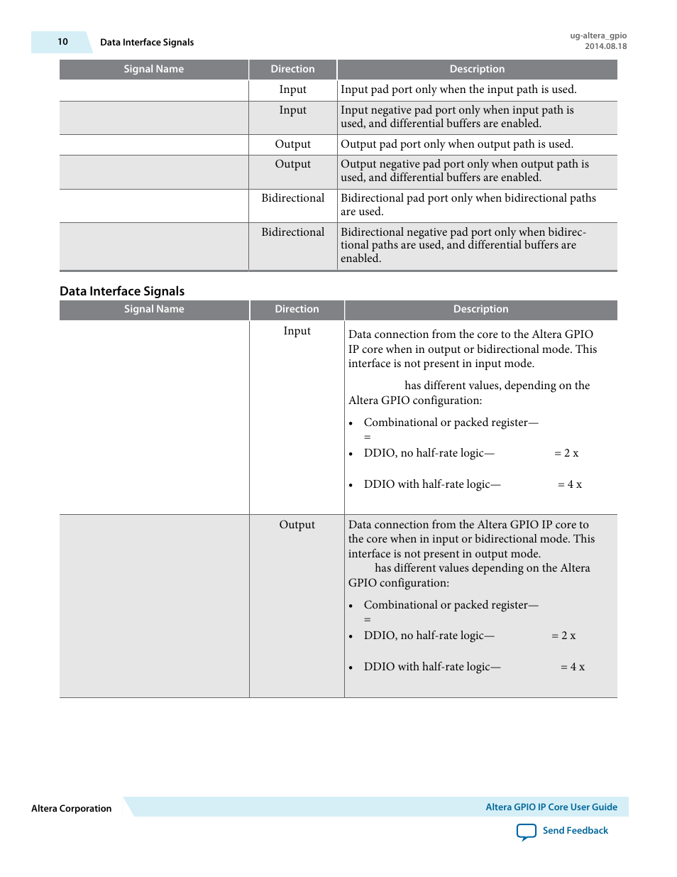 Data interface signals | Altera GPIO User Manual | Page 10 / 22