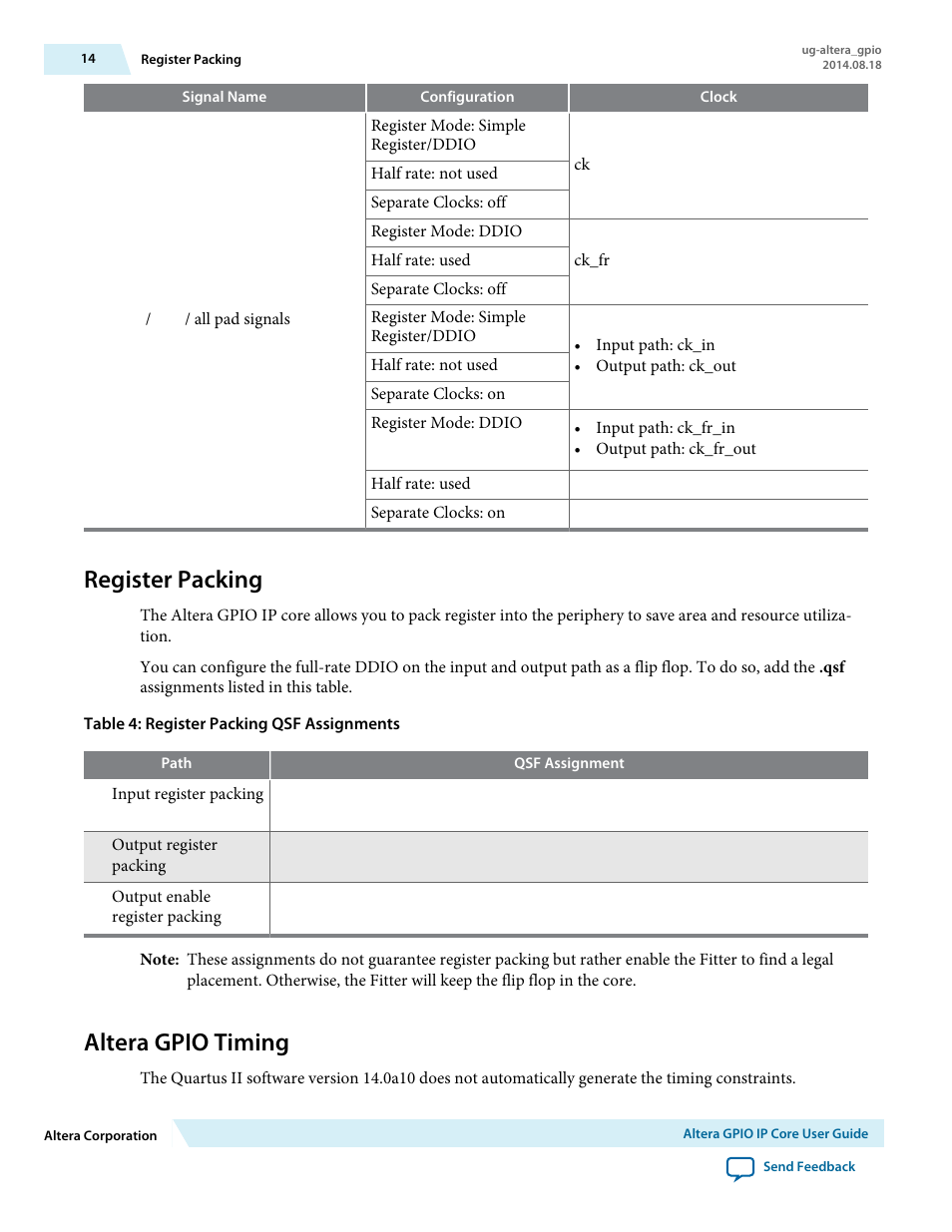 Register packing, Altera gpio timing | Altera GPIO User Manual | Page 14 / 22