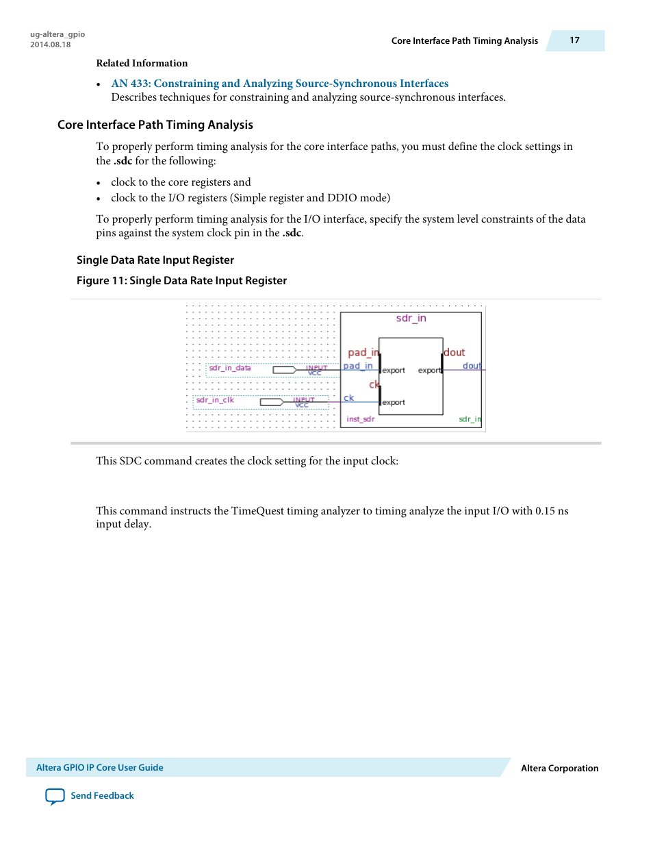 Core interface path timing analysis, Single data rate input register | Altera GPIO User Manual | Page 17 / 22