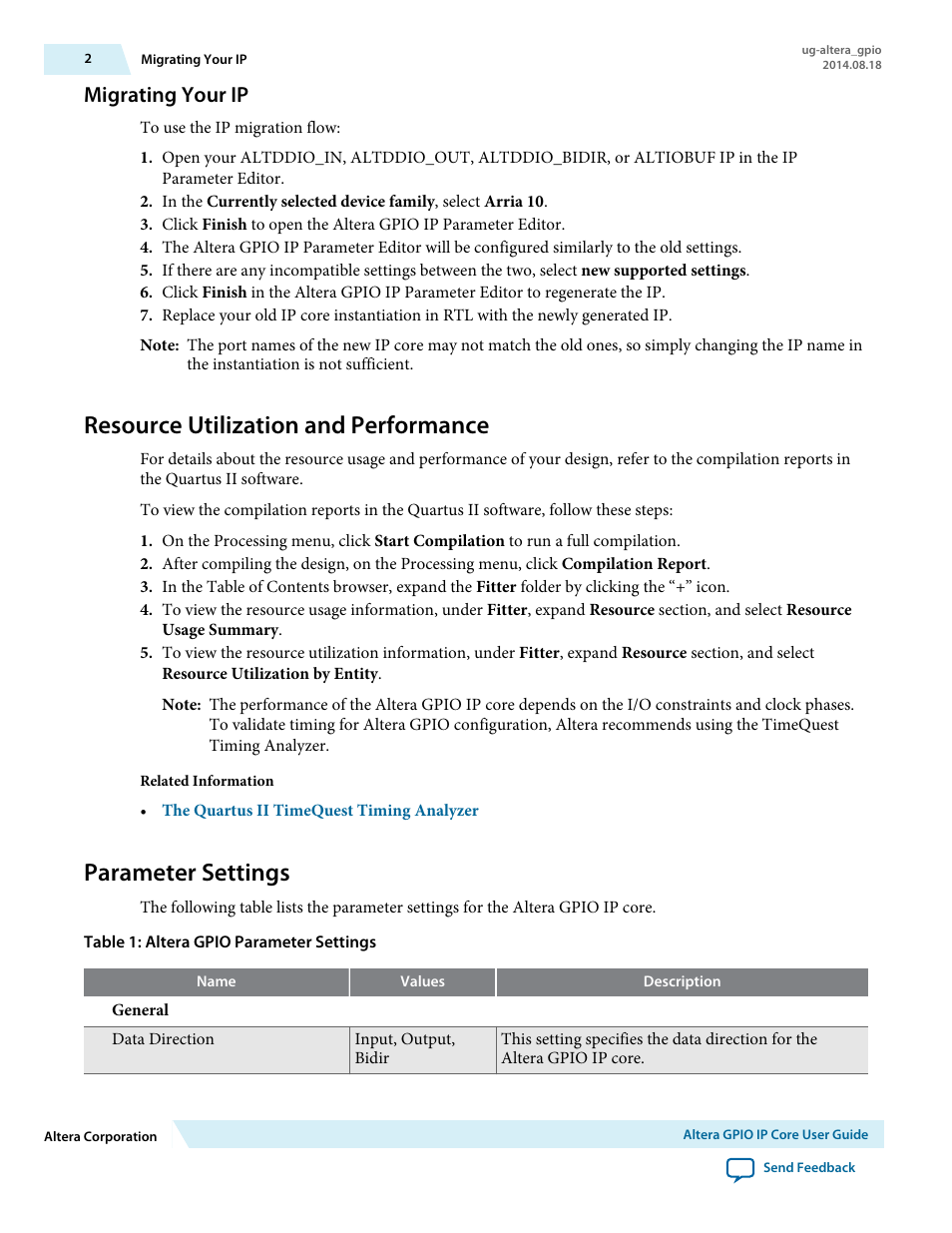 Migrating your ip, Resource utilization and performance, Parameter settings | Altera GPIO User Manual | Page 2 / 22