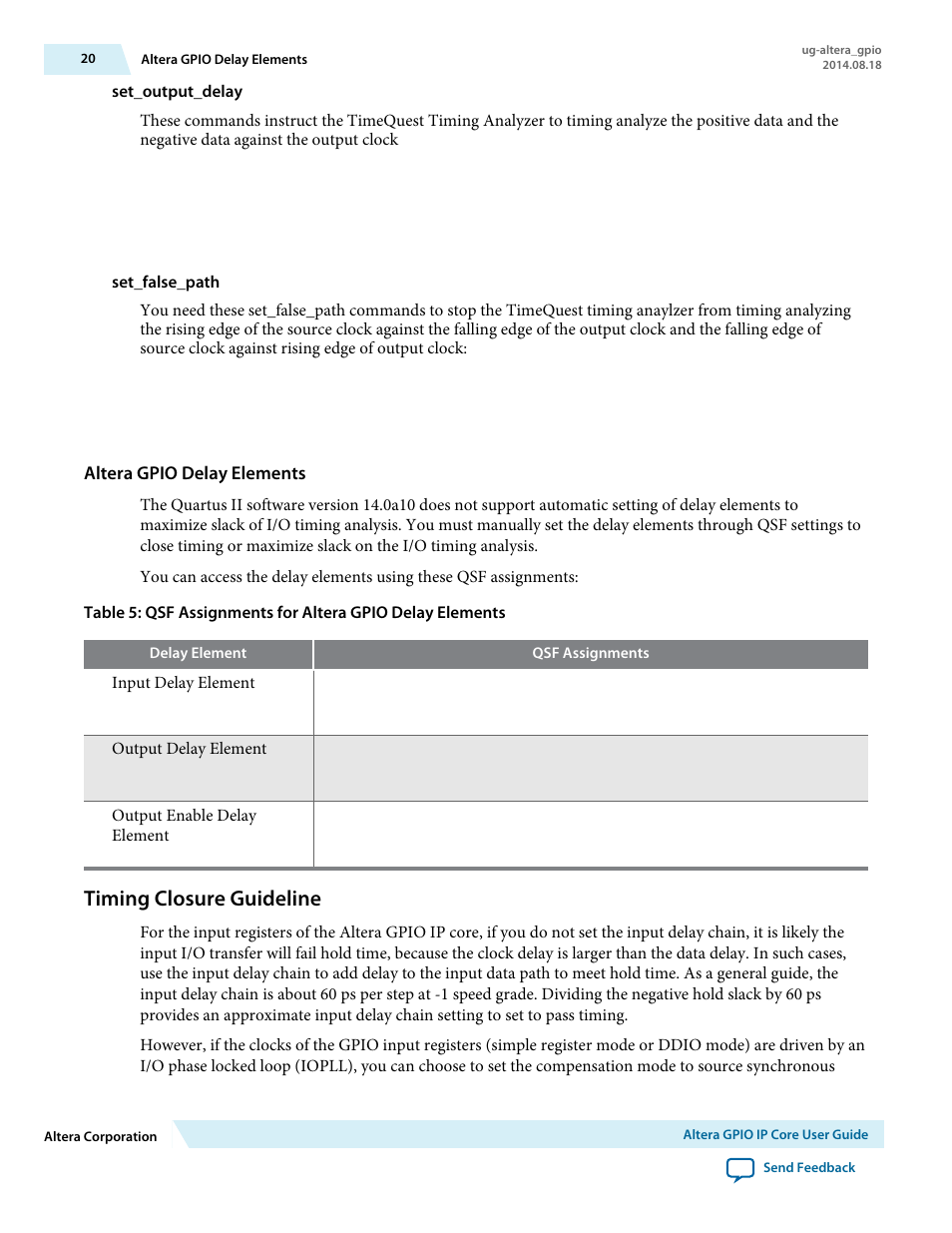 Altera gpio delay elements, Timing closure guideline | Altera GPIO User Manual | Page 20 / 22