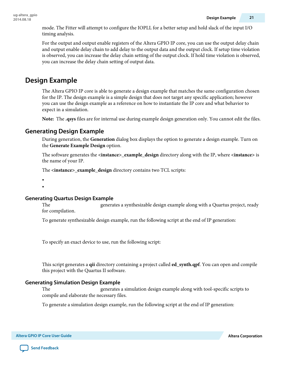 Design example, Generating design example, Generating quartus design example | Generating simulation design example | Altera GPIO User Manual | Page 21 / 22