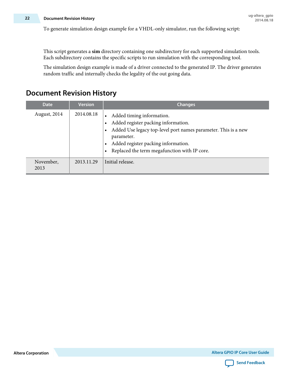 Document revision history | Altera GPIO User Manual | Page 22 / 22