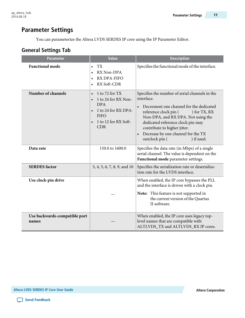 Parameter settings, General settings tab | Altera LVDS SERDES User Manual | Page 11 / 27