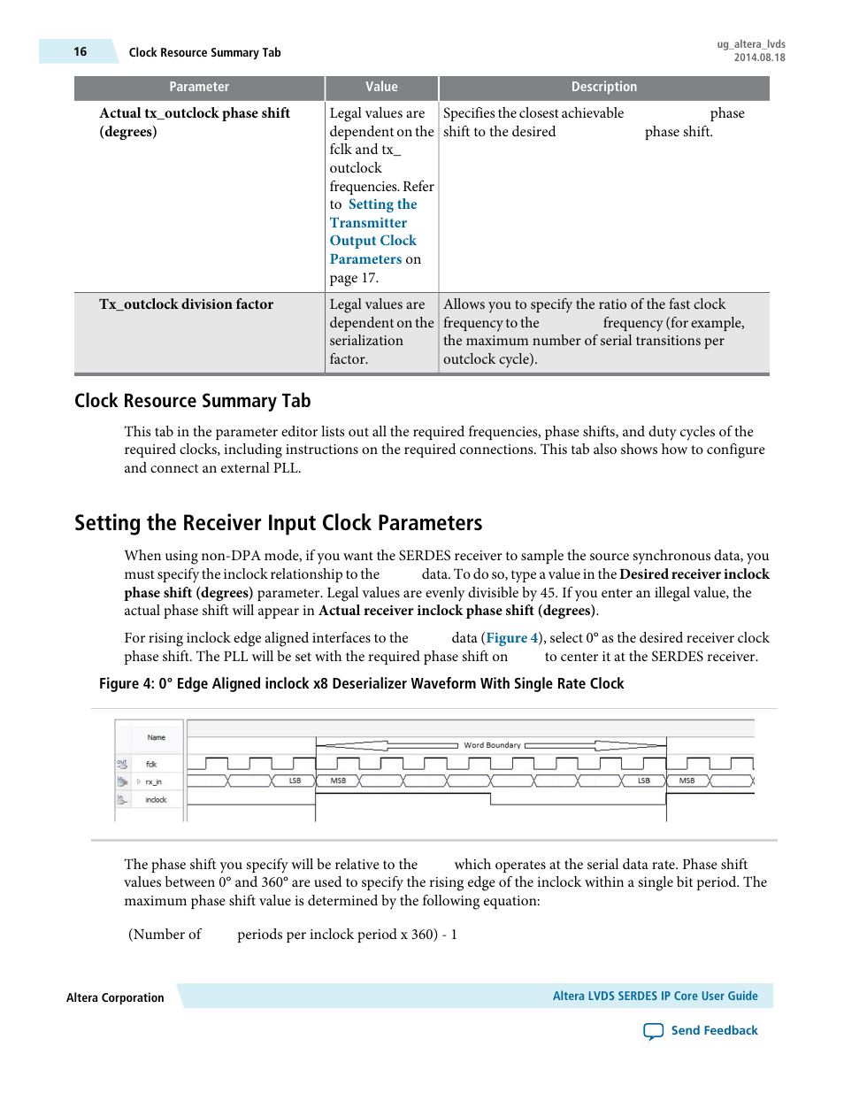 Clock resource summary tab, Setting the receiver input clock parameters | Altera LVDS SERDES User Manual | Page 16 / 27