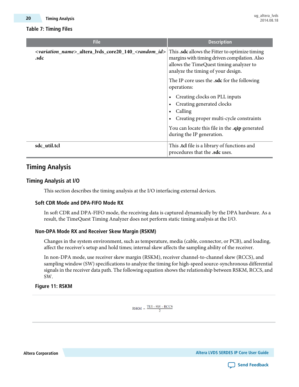 Timing analysis, Timing analysis at i/o, Soft cdr mode and dpa-fifo mode rx | Non-dpa mode rx and receiver skew margin (rskm) | Altera LVDS SERDES User Manual | Page 20 / 27
