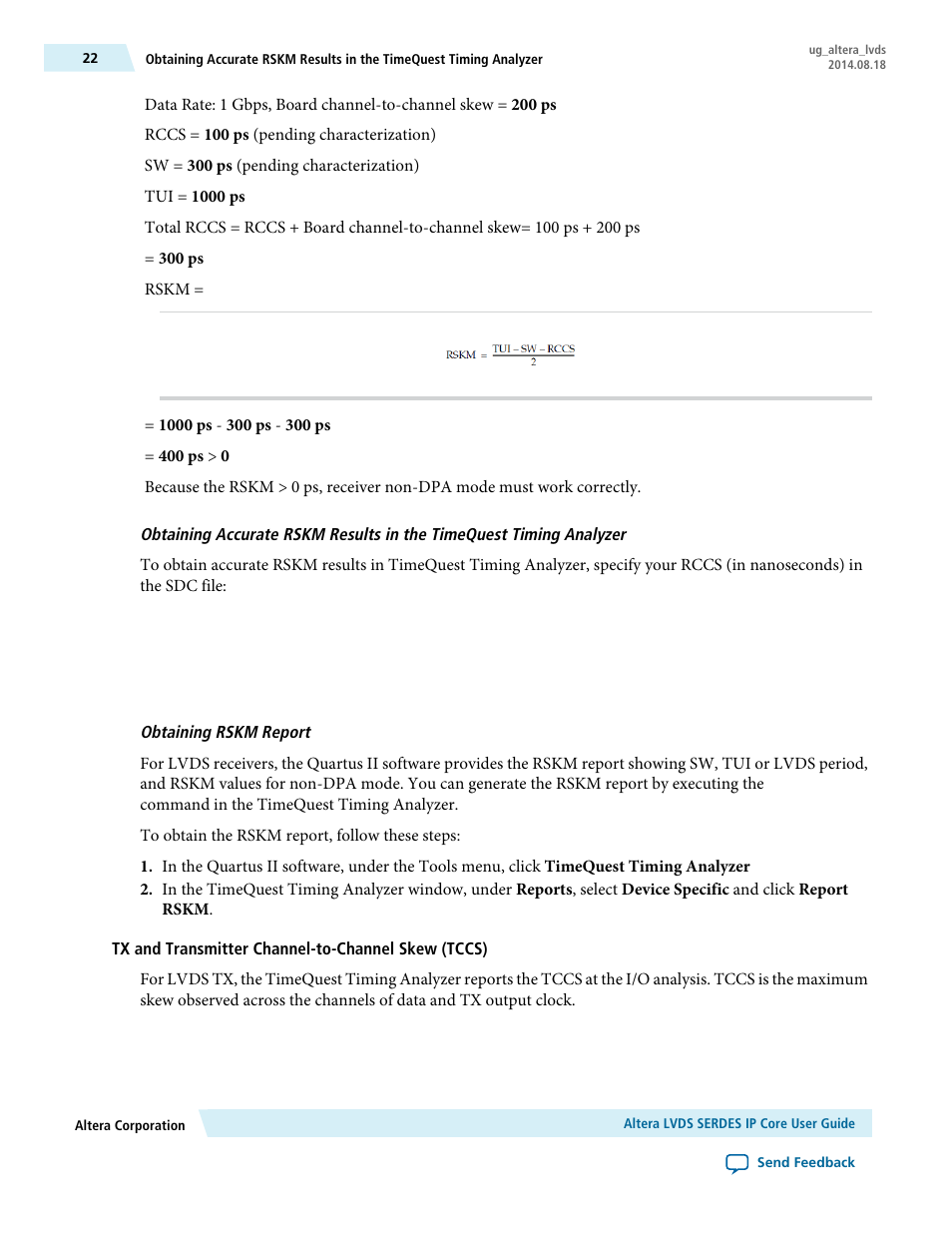 Obtaining rskm report, Tx and transmitter channel-to-channel skew (tccs) | Altera LVDS SERDES User Manual | Page 22 / 27