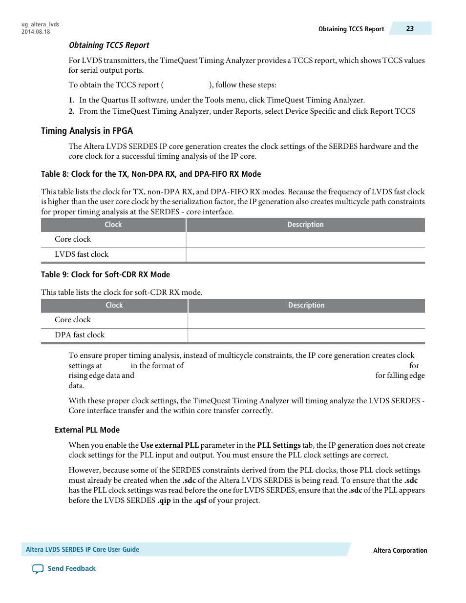 Obtaining tccs report, Timing analysis in fpga, External pll mode | Altera LVDS SERDES User Manual | Page 23 / 27