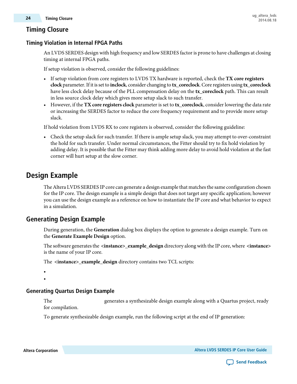 Timing closure, Timing violation in internal fpga paths, Design example | Generating design example, Generating quartus design example | Altera LVDS SERDES User Manual | Page 24 / 27