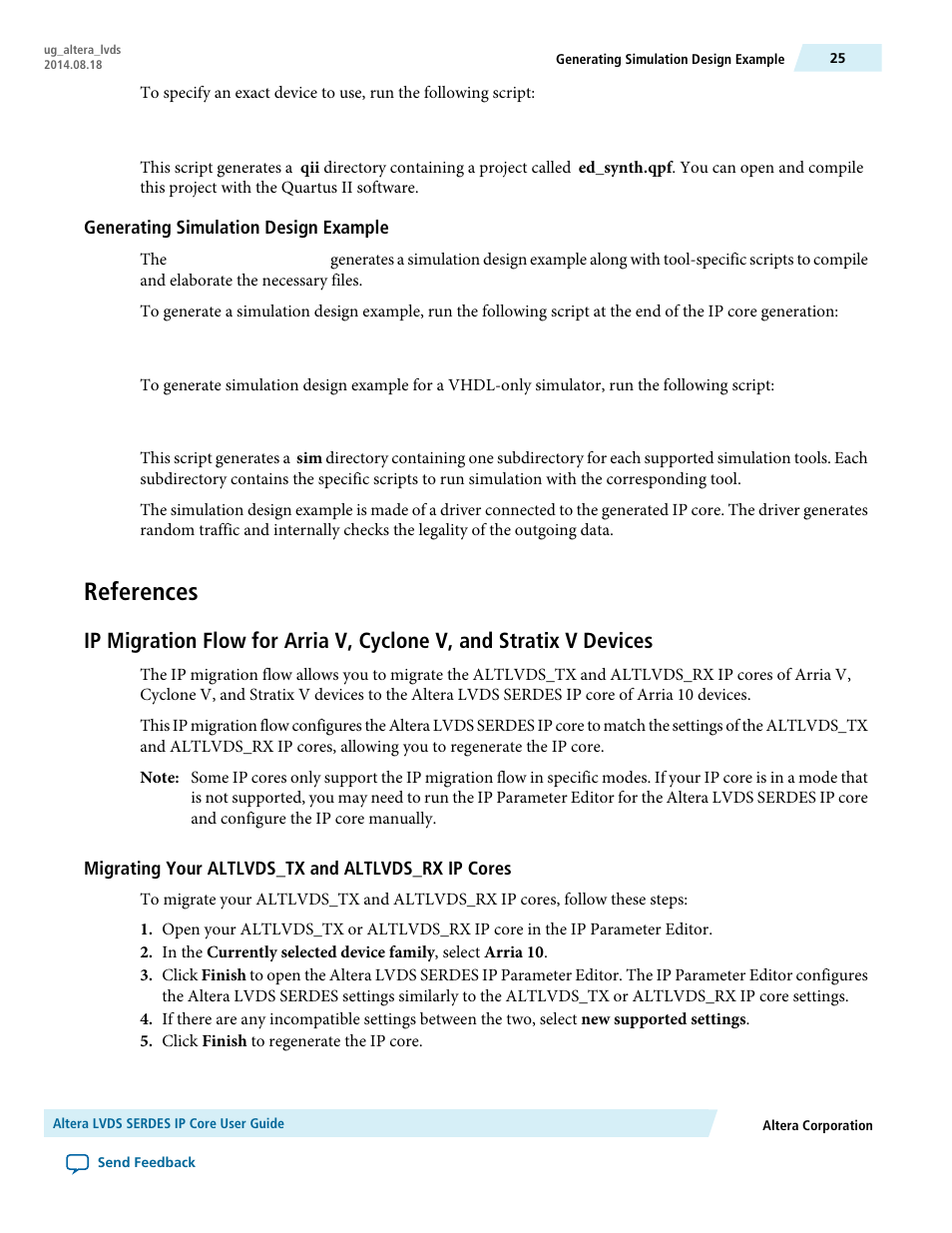 Generating simulation design example, References, Migrating your altlvds_tx and altlvds_rx ip cores | Altera LVDS SERDES User Manual | Page 25 / 27