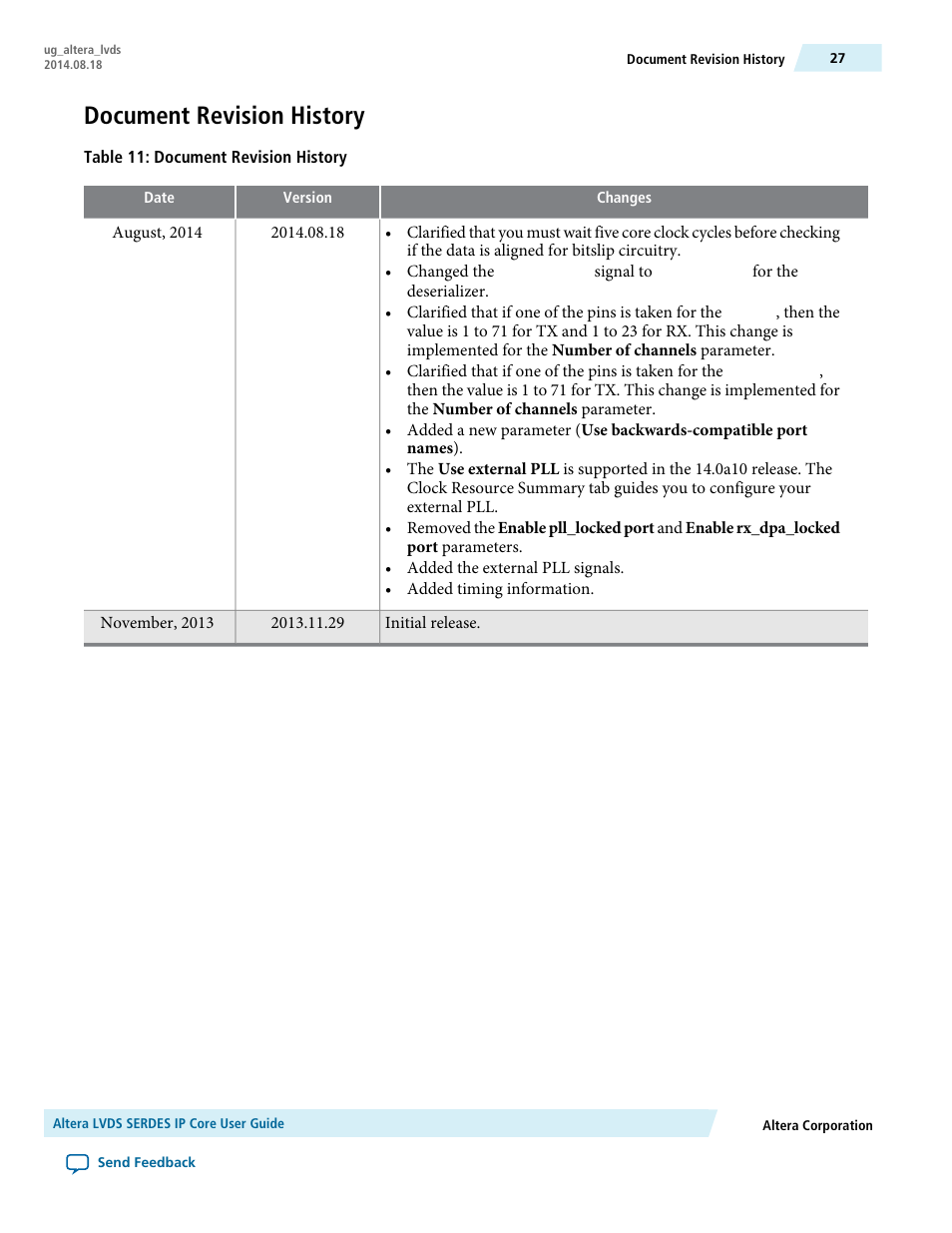 Document revision history | Altera LVDS SERDES User Manual | Page 27 / 27