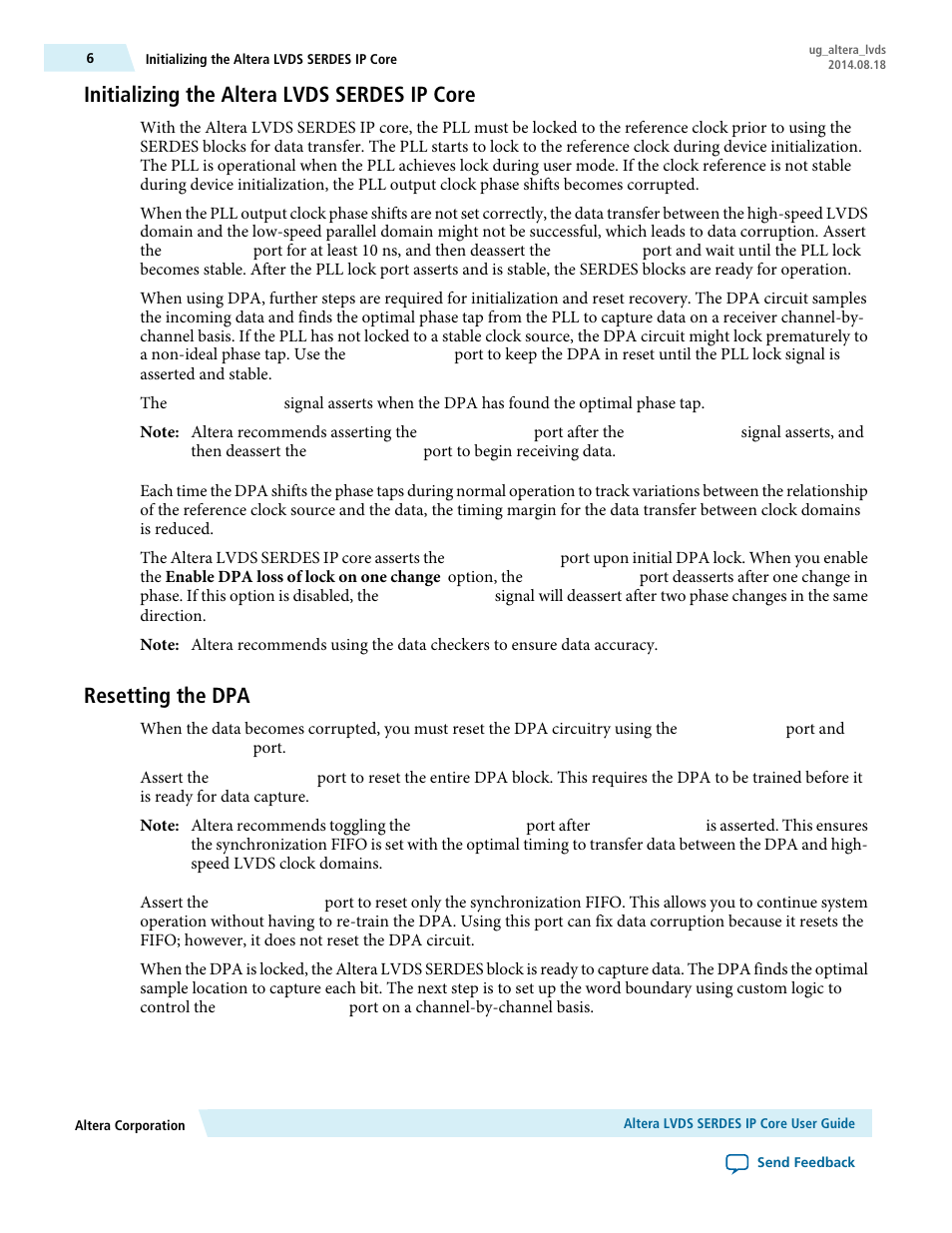 Initializing the altera lvds serdes ip core, Resetting the dpa | Altera LVDS SERDES User Manual | Page 6 / 27