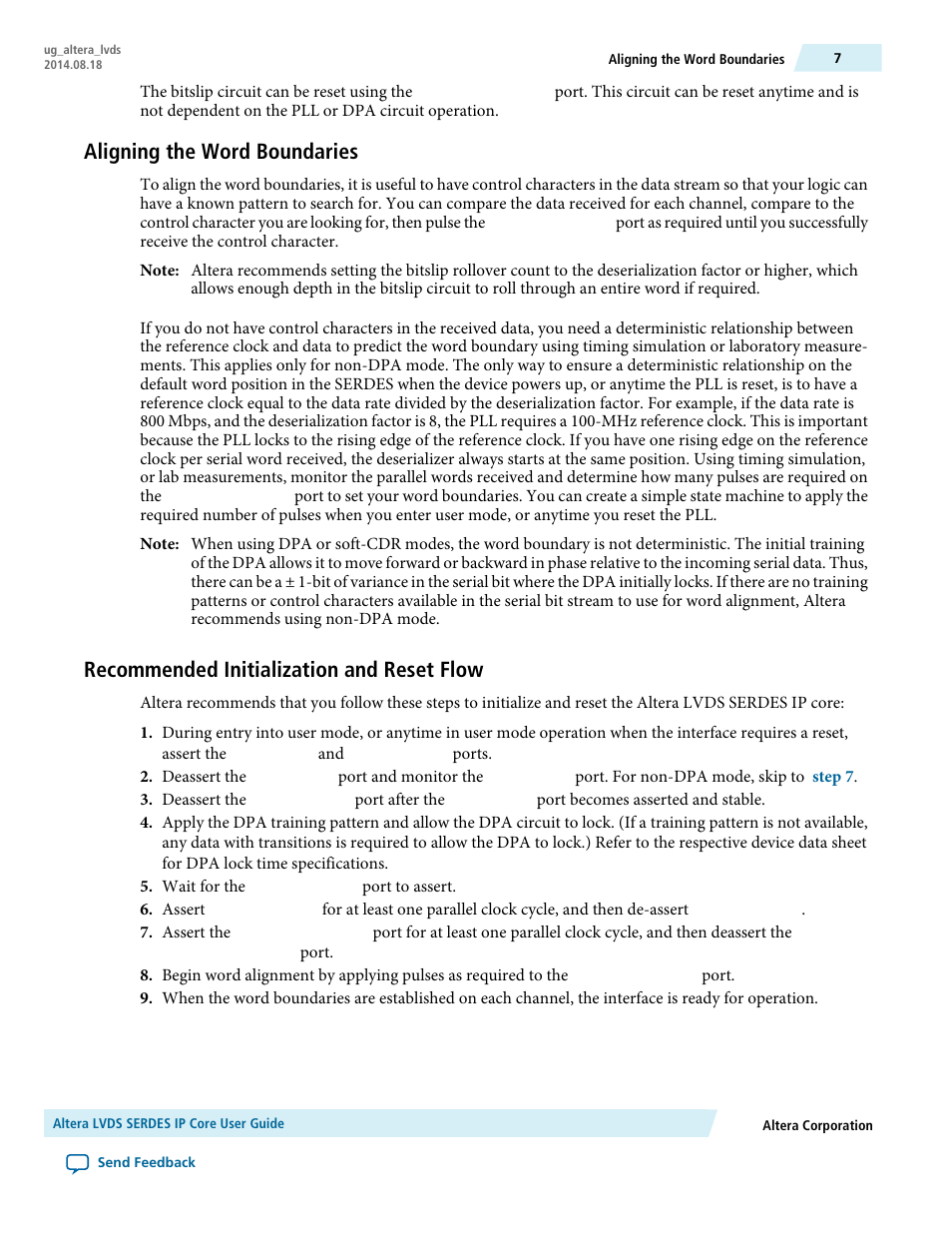 Aligning the word boundaries, Recommended initialization and reset flow | Altera LVDS SERDES User Manual | Page 7 / 27