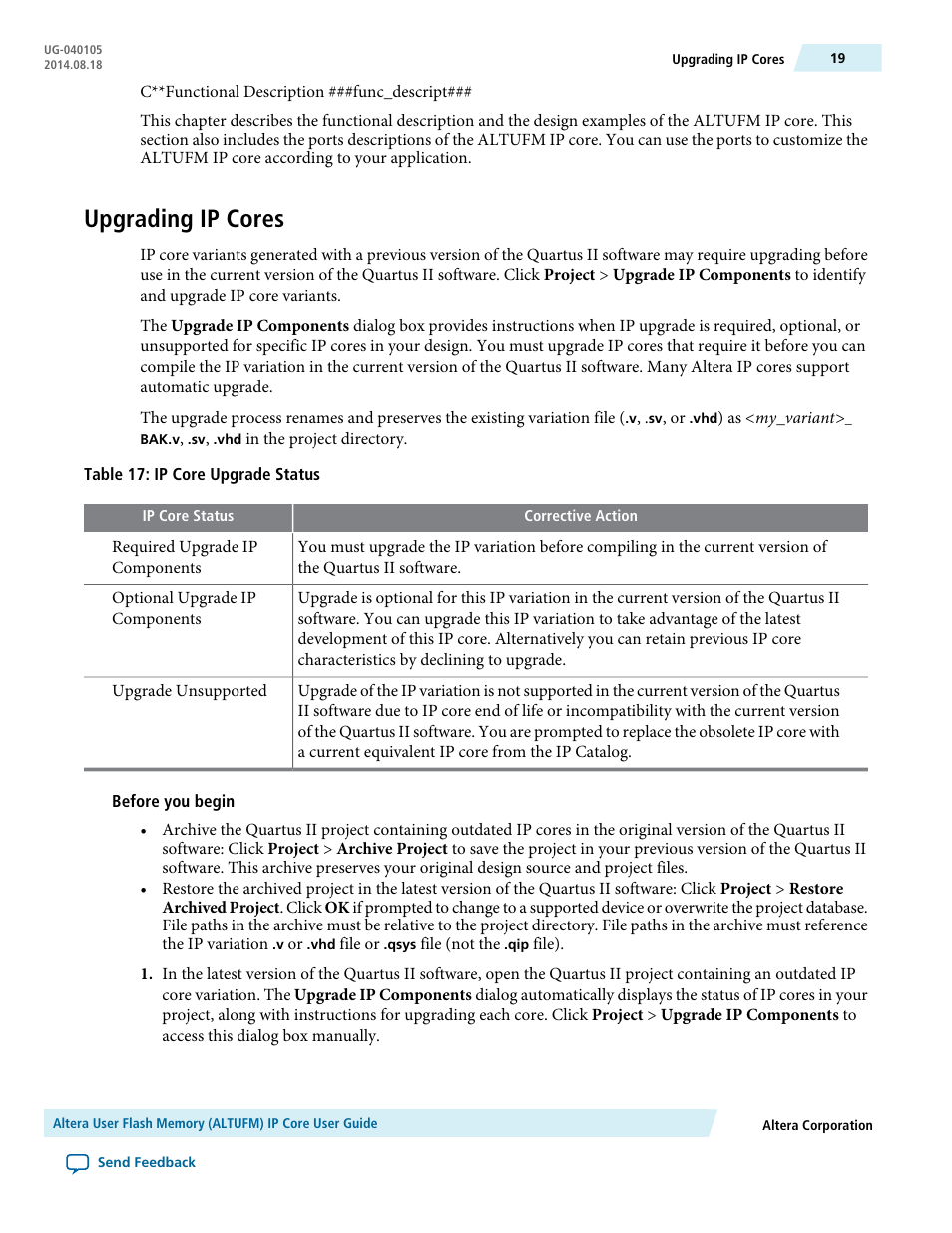 Upgrading ip cores | Altera User Flash Memory User Manual | Page 19 / 33