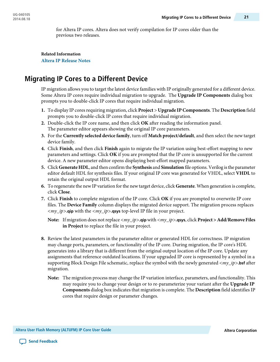 Migrating ip cores to a different device | Altera User Flash Memory User Manual | Page 21 / 33
