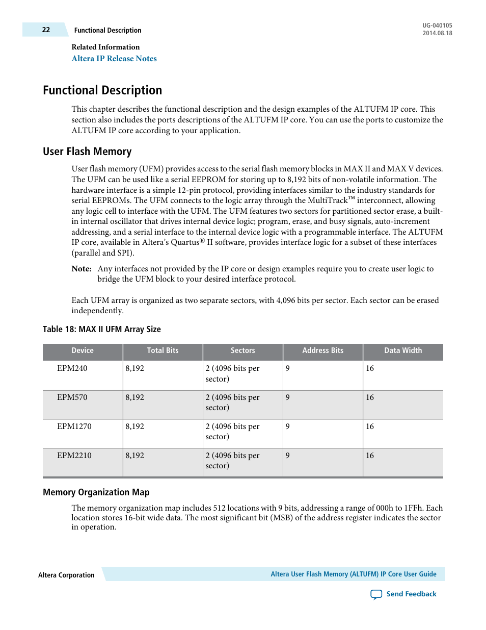 Functional description, User flash memory, Memory organization map | Altera User Flash Memory User Manual | Page 22 / 33