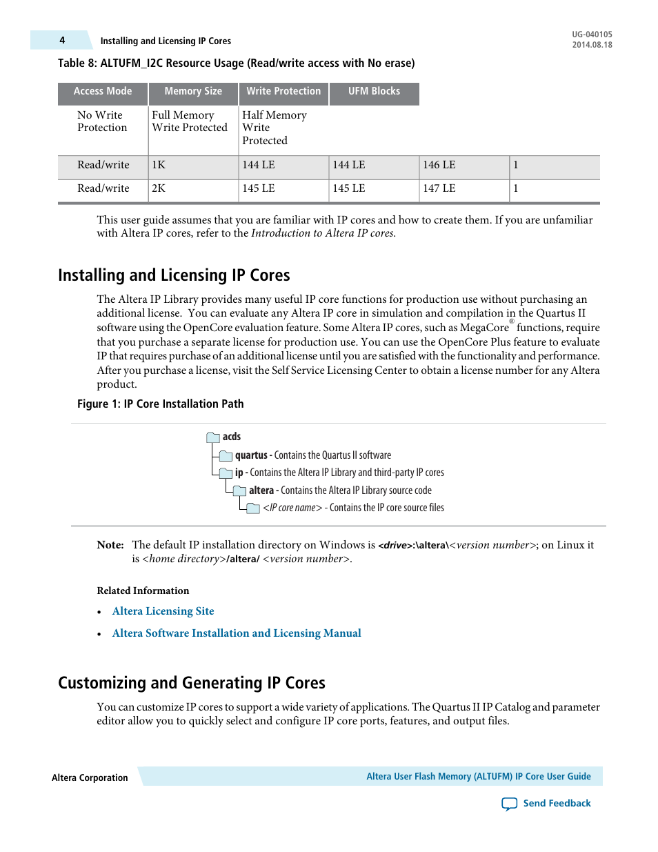 Installing and licensing ip cores, Customizing and generating ip cores | Altera User Flash Memory User Manual | Page 4 / 33