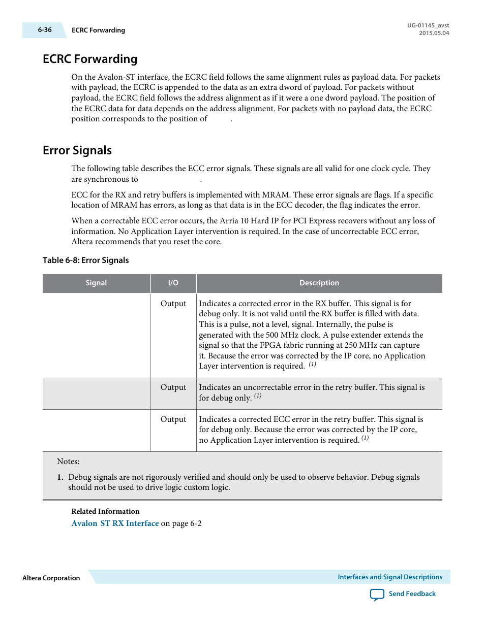 Ecrc forwarding, Error signals, Ecrc forwarding -36 | Error signals -36 | Altera Arria 10 Avalon-ST User Manual | Page 102 / 275