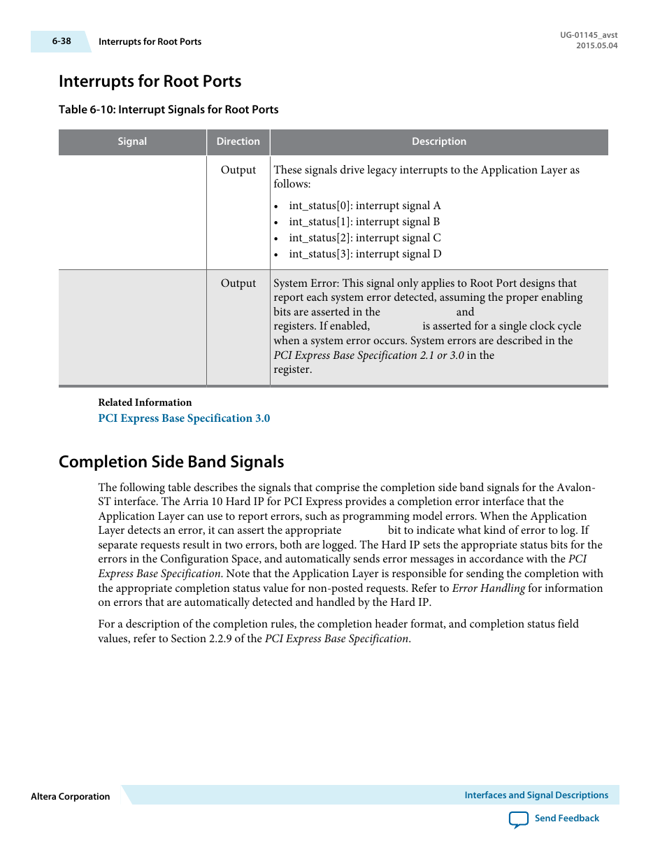 Interrupts for root ports, Completion side band signals, Interrupts for root ports -38 | Completion side band signals -38 | Altera Arria 10 Avalon-ST User Manual | Page 104 / 275