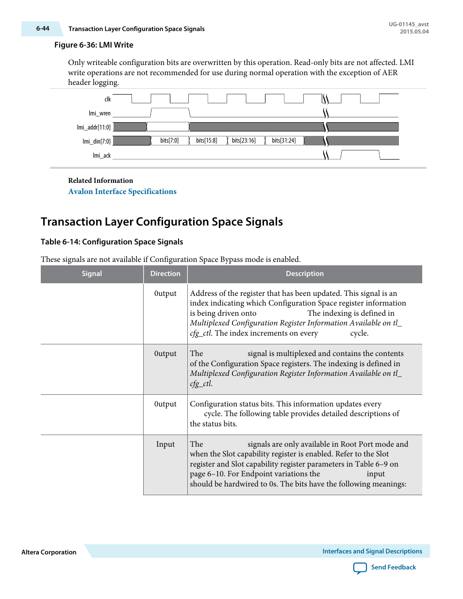 Transaction layer configuration space signals, Transaction layer configuration space signals -44 | Altera Arria 10 Avalon-ST User Manual | Page 110 / 275