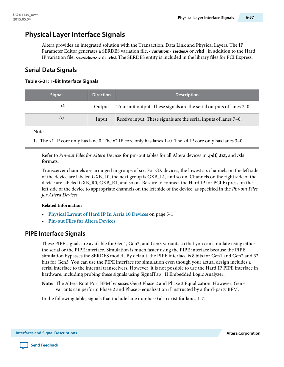 Physical layer interface signals, Serial data signals, Pipe interface signals | Physical layer interface signals -57, Serial data signals -57, Pipe interface signals -57 | Altera Arria 10 Avalon-ST User Manual | Page 123 / 275