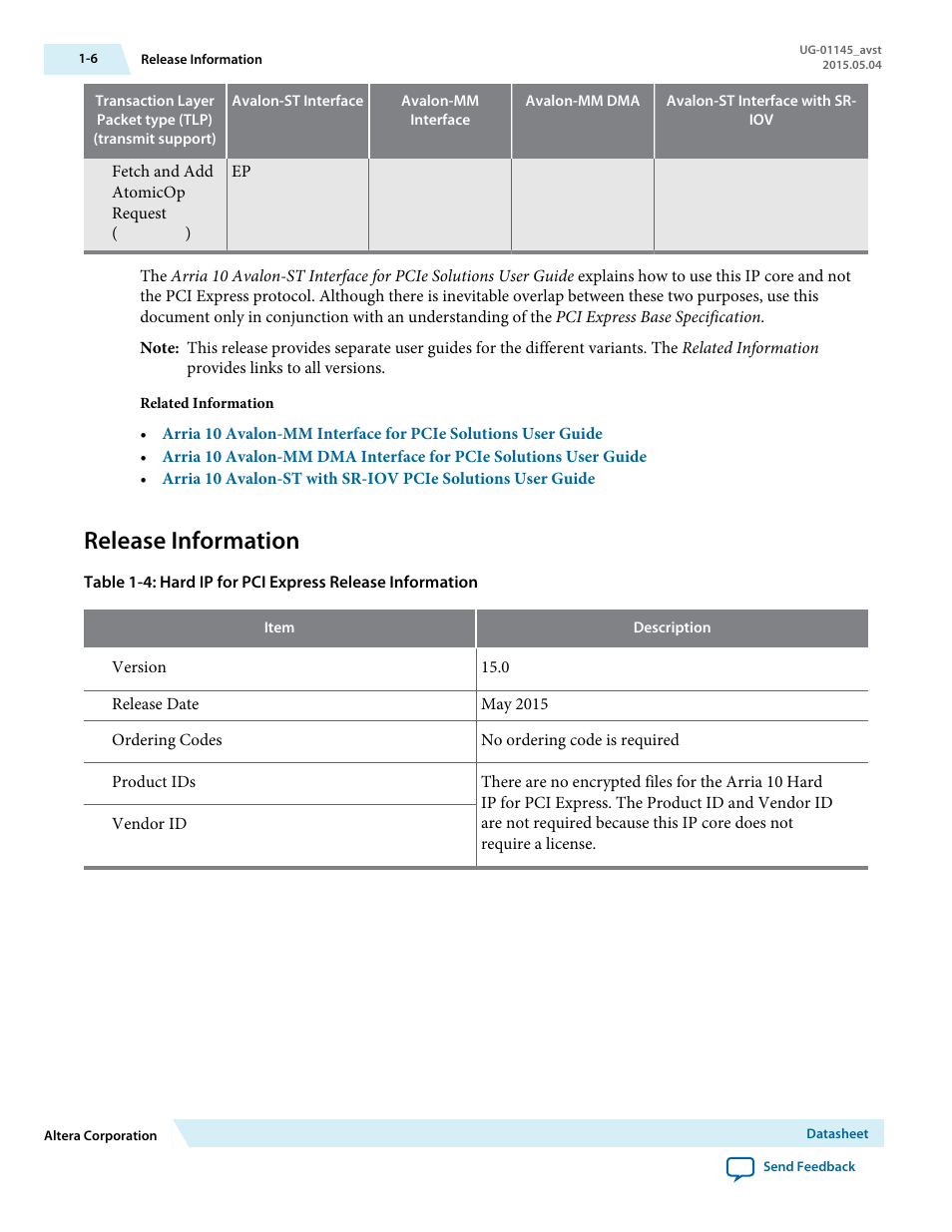 Release information, Release information -6 | Altera Arria 10 Avalon-ST User Manual | Page 13 / 275