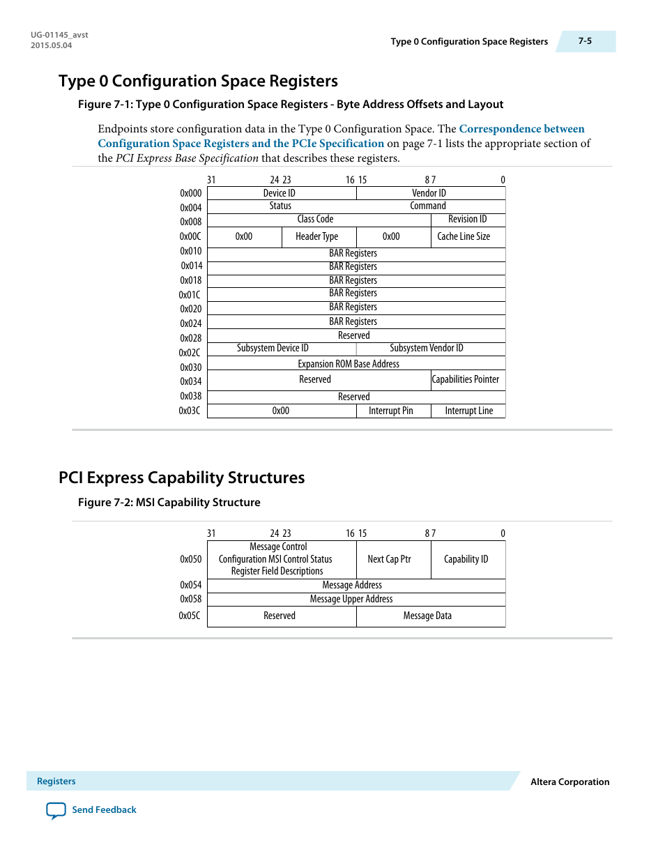Type 0 configuration space registers, Pci express capability structures, Type 0 configuration space registers -5 | Pci express capability structures -5 | Altera Arria 10 Avalon-ST User Manual | Page 133 / 275