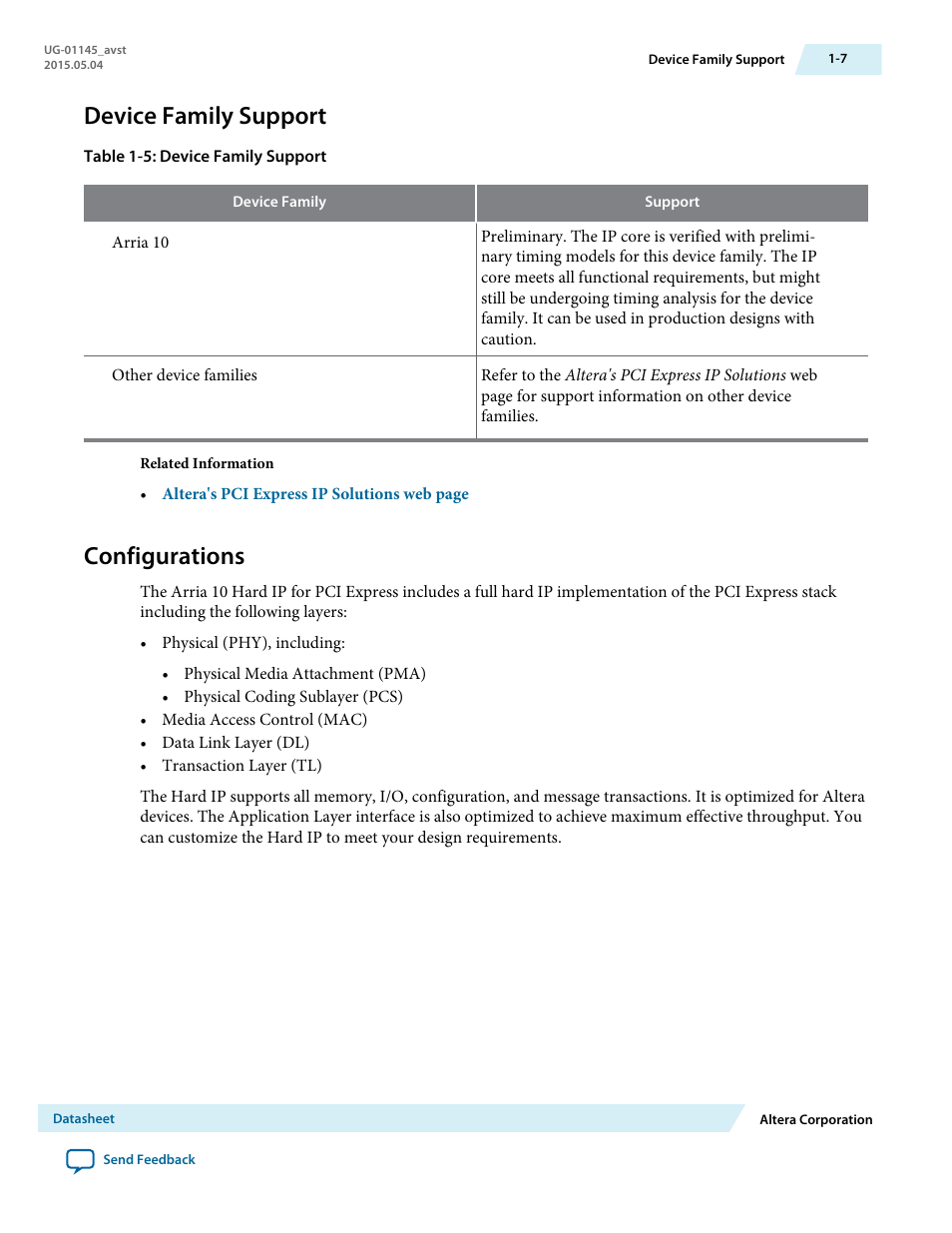 Device family support, Configurations, Device family support -7 | Configurations -7 | Altera Arria 10 Avalon-ST User Manual | Page 14 / 275