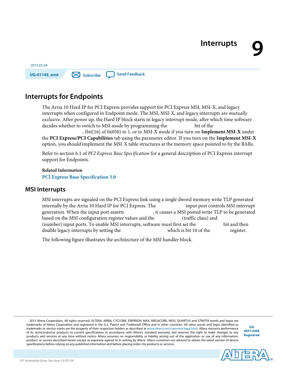 Interrupts, Interrupts for endpoints, Msi interrupts | Interrupts -1, Interrupts for endpoints -1, Msi interrupts -1 | Altera Arria 10 Avalon-ST User Manual | Page 150 / 275