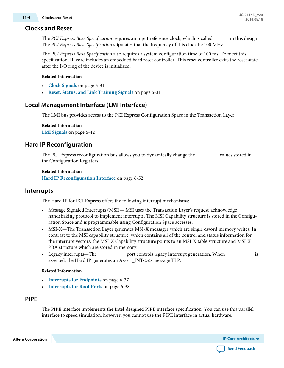 Clocks and reset, Local management interface (lmi interface), Hard ip reconfiguration | Interrupts, Pipe, Clocks and reset -4, Local management interface (lmi interface) -4, Hard ip reconfiguration -4, Interrupts -4, Pipe -4 | Altera Arria 10 Avalon-ST User Manual | Page 168 / 275