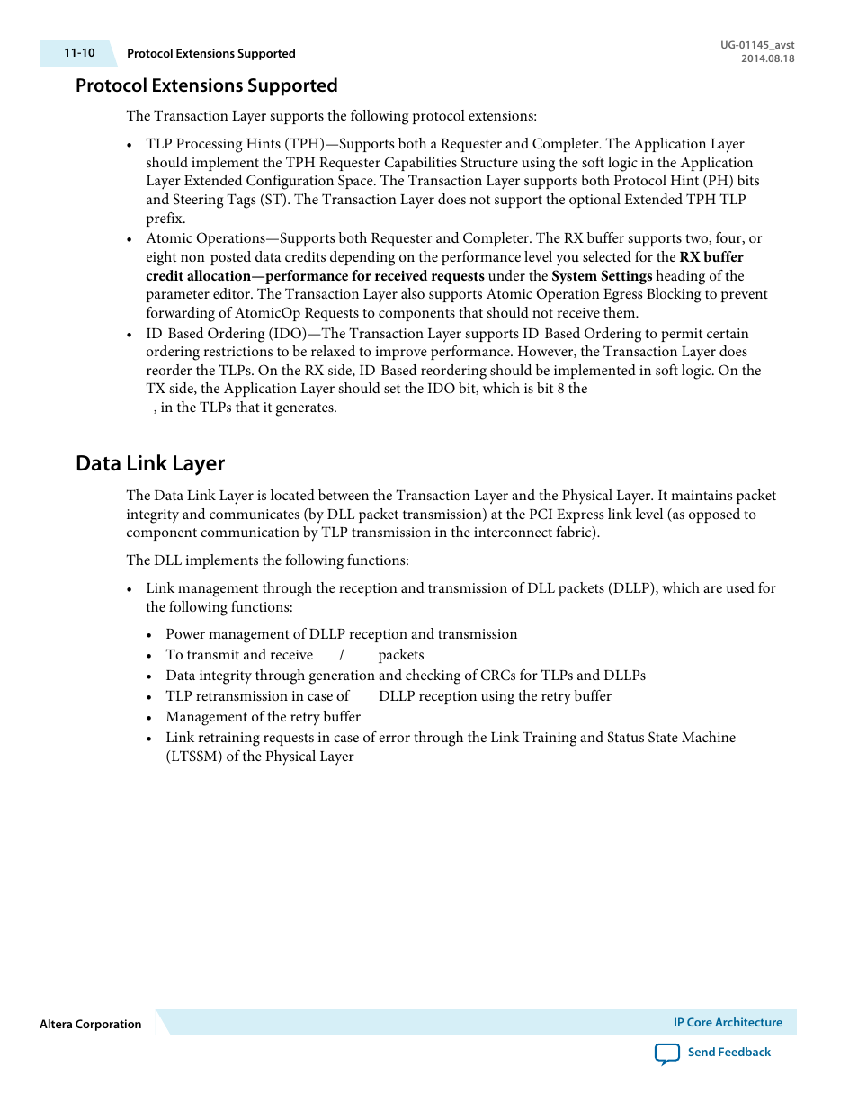 Protocol extensions supported, Data link layer, Protocol extensions supported -10 | Data link layer -10 | Altera Arria 10 Avalon-ST User Manual | Page 174 / 275
