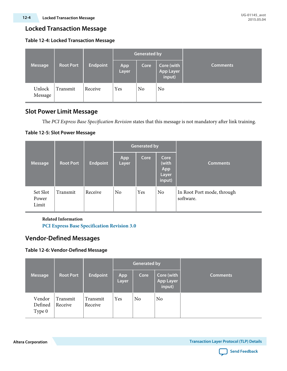 Locked transaction message, Slot power limit message, Vendor-defined messages | Locked transaction message -4, Slot power limit message -4, Vendor-defined messages -4 | Altera Arria 10 Avalon-ST User Manual | Page 182 / 275